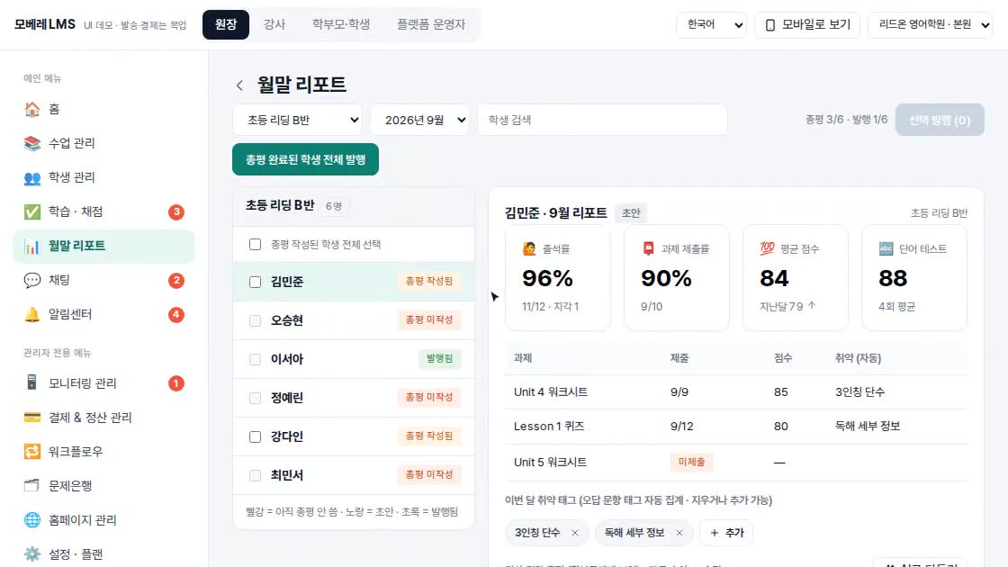 월말 리포트 화면. 학생별 출석률, 과제 제출률, 평균 점수가 집계되어 있습니다.